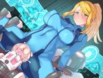  1girl bangs bar_censor blonde_hair blue_eyes blush bodysuit boris_(noborhys) breasts censored clothed_sex commentary_request covered_nipples cum cum_in_pussy e.m.m.i._(metroid) hetero highres large_breasts leaning_back metroid metroid_(classic) metroid_dread mole mole_under_mouth object_insertion overflow penis ponytail pussy restrained samus_aran sex sex_machine skin_tight skindentation spread_legs spread_pussy stationary_restraints thighs torn_bodysuit torn_clothes 