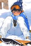  1boy arm_support bangs bar_censor black_hair blue_eyes blue_headwear blue_jacket blush boots breath censored commentary_request day goggles goggles_on_head hat high_collar jacket long_sleeves looking_at_viewer male_focus nose_blush on_ground open_mouth original outdoors pants pillow_(nutsfool) sitting ski_goggles snow snowboard snowman solo sweatdrop white_footwear white_pants winter_clothes 