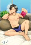  1boy abs ankleband bangs barefoot bed_sheet black_hair blush boxers bracelet collarbone condom condom_wrapper day fate/grand_order fate_(series) feet hand_on_own_cheek hand_on_own_face hands_up highres holding holding_condom indoors jewelry looking_away male_focus male_underwear mandricardo_(fate) multicolored_hair navel necklace nipples padadada parted_bangs pectorals pillow pouty_lips purple_male_underwear short_hair signature sitting solo spread_legs toned toned_male underwear underwear_only window wristband 