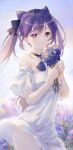  1girl :d absurdres alternate_costume artist_name blue_sky blush choker cowboy_shot dated day dress flower genshin_impact grin hair_cones highres holding holding_flower keqing_(genshin_impact) lavender_(flower) long_hair looking_at_viewer off-shoulder_dress off_shoulder open_mouth outdoors pink_eyes purple_choker purple_eyes purple_flower short_sleeves sky smile solo swkl:d symbol-only_commentary teeth twintails white_dress 