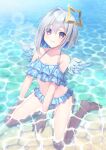  1girl absurdres alternate_costume amane_kanata angel_wings bare_shoulders beach bikini blue_hair collarbone colored_inner_hair eyebrows_visible_through_hair frilled_bikini frills grin highres hololive multicolored_hair short_hair silver_hair sitting smile solo swimsuit tilu virtual_youtuber wariza water wings 