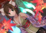  1girl :o animal_ear_fluff animal_ears bangs blurry blurry_background blurry_foreground breasts brown_hair cat_ears cat_girl cat_tail cleavage collarbone commentary_request cowboy_shot depth_of_field dutch_angle eyebrows_visible_through_hair fire green_eyes green_fire highres hitodama idolmaster idolmaster_cinderella_girls japanese_clothes kimono leaf leaf_print long_sleeves looking_at_viewer maekawa_miku maple_leaf maple_leaf_print medium_breasts multiple_tails nekomata obi parted_lips sash short_hair sidelocks sleeveless sleeveless_kimono solo swepot tail two_tails wide_sleeves youkai 
