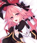  1boy :d animal_ears astolfo_(fate) astolfo_(saber)_(fate) bangs bed_sheet black_bow black_bowtie black_gloves blush bow bowtie clothes_lift crossdressing dakimakura_(medium) eyebrows_visible_through_hair fake_animal_ears fang fate/grand_order fate_(series) from_side gloves hair_bow hair_intakes hairband looking_at_viewer male_focus multicolored_hair open_mouth otoko_no_ko pillow pink_hair purple_eyes rabbit_ears skirt skirt_lift smile solo streaked_hair white_hair wing_collar yaguo 