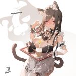  1girl absurdres animal_ears apron blush breast_rest breasts candle carried_breast_rest carrying cat cat_ears cat_tail dm_(dai_miao) frills highres large_breasts maid maid_apron maid_headdress original red_eyes tail thighs tray white_legwear 