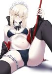  1girl absurdres alternate_costume arm_support artoria_pendragon_(alter_swimsuit_rider)_(fate) artoria_pendragon_(fate) black_bow blonde_hair blush bow breasts cameltoe collar constricted_pupils detached_collar enmaided fate/grand_order fate_(series) frilled_collar frills groin_tendon hair_between_eyes hair_bow highres jacket jacket_over_swimsuit light_blush looking_at_viewer maid navel nose_blush off_shoulder shidou_(x_2903) small_breasts solo swimsuit thighhighs thighs white_background 