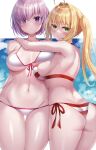  2girls ahoge ass bangs bare_shoulders bikini blonde_hair blush breasts cleavage collarbone criss-cross_halter eyebrows_visible_through_hair fate/grand_order fate_(series) green_eyes hair_between_eyes hair_intakes hair_over_one_eye halterneck highres hug large_breasts light_purple_hair long_hair looking_at_viewer mash_kyrielight mash_kyrielight_(swimsuit_of_perpetual_summer) multiple_girls nano_(syoutamho) navel nero_claudius_(fate) nero_claudius_(swimsuit_caster)_(fate) purple_eyes red_bikini short_hair side-tie_bikini smile striped striped_bikini swimsuit thighs twintails white_bikini 