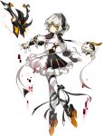  1girl android artist_request backless_outfit black_ribbon bow code:_failess_(elsword) earpiece electricity elsword eve_(elsword) expressionless facial_mark finger_cots floating forehead_jewel frills full_body leg_ribbon looking_at_viewer moby_(elsword) official_art open_hand orange_eyes outstretched_arms pink_trim remy_(elsword) ribbon short_hair silver_hair transparent_background white_ribbon 