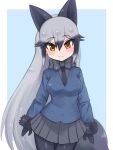  1girl :3 animal_ears aramaru black_bow black_bowtie black_fur black_gloves black_legwear black_necktie blue_coat blush bow bowtie coat commentary_request cowboy_shot extra_ears eyebrows_visible_through_hair fox_ears fox_girl fox_tail fur_trim gloves grey_hair grey_skirt highres kemono_friends long_hair long_sleeves multicolored_hair necktie orange_eyes pantyhose pleated_skirt sidelocks silver_fox_(kemono_friends) silver_hair skirt solo tail 