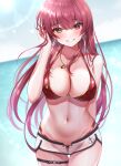  1girl absurdres bangs bare_shoulders bikini blush breasts cleavage earrings eyebrows_visible_through_hair heart heart_earrings heart_necklace heterochromia highres hololive houshou_marine jewelry large_breasts leg_garter long_hair looking_at_viewer namagome_negi navel ocean red_bikini red_eyes red_hair short_shorts shorts smile solo sun swimsuit thigh_strap thighs virtual_youtuber wet white_shorts yellow_eyes 