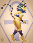  1girl animal_crossing animal_ears animal_feet animal_nose ankh ankha_(animal_crossing) arched_back artist_name ass bangs bare_shoulders barefoot blonde_hair blue_eyes blue_fur blue_hair blunt_bangs blurry blurry_background bob_cut body_fur bottomless breasts cat_ears cat_girl cat_tail chest_sarashi claws clenched_hands closed_mouth commentary egyptian english_commentary eyeliner fang fang_out from_side full_body furry furry_female hair_ornament half-closed_eyes hand_up highres kneepits knees_together_feet_apart looking_at_viewer makeup medium_breasts multicolored_hair orange_background outline sarashi shiny shiny_hair short_hair sidelocks signature snake_hair_ornament snout solo standing tail tail_raised tiptoes two-tone_fur two-tone_hair wagadraws white_outline yellow_fur 
