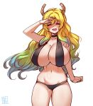  1girl arm_up ayanobro bikini black_bikini blonde_hair blue_eyes blush breasts cleavage closed_eyes gradient_hair green_hair highres horns huge_breasts kobayashi-san_chi_no_maidragon long_hair lucoa_(maidragon) multicolored_hair shading_eyes sling_bikini_top solo swimsuit 