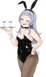  1girl absurdres alternate_costume animal_ears armpit_crease bangs black_leotard blush breasts cocktail_glass commentary covered_navel crossed_legs cup drinking_glass fake_animal_ears fake_tail fang feet_out_of_frame forehead fuzidog hand_on_hip highleg highleg_leotard highres hololive leotard looking_at_viewer murasaki_shion nipple_slip nipples one_eye_closed open_mouth orange_eyes oversized_breast_cup pantyhose playboy_bunny plump puffy_nipples rabbit_ears rabbit_tail shiny shiny_clothes shiny_hair shiny_skin sidelocks silver_hair simple_background small_breasts solo standing strapless strapless_leotard tail thighs tray virtual_youtuber white_background wrist_cuffs 