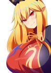  1girl breasts chinese_clothes cleavage crescent highres huge_breasts junko_(touhou) long_hair orange_hair pointy_ears red_eyes simple_background solo tabard touhou white_background xialu_zajin 