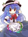  1girl apron back_bow bad_id bad_pixiv_id bangs biyon black_headwear blue_hair blue_skirt bow bowtie closed_mouth commentary_request food fruit hand_on_hip hand_up hat hat_ornament hinanawi_tenshi long_hair peach red_bow red_bowtie red_eyes shirt short_sleeves simple_background skirt smile solo touhou twitter_username upper_body white_background white_shirt 