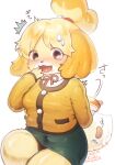  1girl :3 ^^^ animal_crossing animal_ears animal_nose arm_behind_back artist_name bag bangs blonde_hair blush body_fur breasts brown_eyes buttons caught chips collared_shirt commentary crumbs dated dog_ears dog_girl dog_tail embarrassed food food_on_face furry furry_female green_skirt hair_tie hand_to_own_mouth hand_up holding holding_bag isabelle_(animal_crossing) jacket kiichi_(ca0sf) long_sleeves looking_at_viewer making-of_available miniskirt motion_lines neck_ribbon nervous nervous_smile nose_blush open_mouth parted_bangs pencil_skirt plump pocket potato_chips red_neckwear red_ribbon ribbon shiny shiny_hair shirt short_hair signature simple_background sitting skirt small_breasts smile solo tail thick_thighs thighs tied_hair topknot translated twitter_username two-tone_fur white_background white_fur white_shirt wide-eyed wide_hips yellow_fur yellow_jacket 