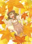  1girl autumn_leaves bangs blush brown_dress brown_hair brown_headwear closed_eyes dress full_body ginkgo hat highres leaf long_hair long_sleeves maple_leaf nobile1031 open_mouth original plaid plaid_dress reaching_out shirt smile solo white_shirt yellow_theme 