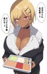  1girl blonde_hair breasts choker cleavage commentary cosmetics dark-skinned_female dark_skin earrings eyebrows_visible_through_hair ganguro gyaru hair_ornament hairclip highres huge_breasts jewelry kloah looking_at_viewer original red_eyes short_hair solo speech_bubble translated tray 