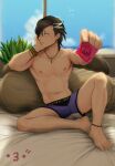  1boy abs ankleband backlighting bangs barefoot bed_sheet black_hair blush boxers bracelet collarbone condom condom_wrapper day fate/grand_order fate_(series) feet hand_on_own_cheek hand_on_own_face hands_up highres holding holding_condom indoors jewelry looking_away male_focus male_underwear mandricardo_(fate) multicolored_hair navel necklace nipples padadada parted_bangs pectorals pillow pouty_lips purple_male_underwear short_hair signature sitting solo spread_legs sunlight toned toned_male underwear underwear_only window wristband 