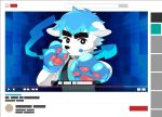  1boy animal_crossing animal_hands blue_gloves blue_hair bright_pupils check_commentary commentary_request dog fake_screenshot furry gloves headset jacket k.k._slider_(animal_crossing) male_focus paw_gloves shiiiiiiiro thick_eyebrows upper_body youtube 
