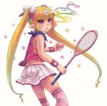  1girl ball breasts child cigarette gnocchi holding miniskirt original pleated_skirt pointy_ears purple_eyes racket simple_background skirt small_breasts solo star_(symbol) tennis tennis_ball tennis_racket thighhighs twintails white_background wristband zettai_ryouiki 