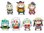  6+girls antennae apron bangs black_hair blonde_hair blue_hair boots bow brown_hair cape chibi closed_mouth detached_sleeves dress eternity_larva eyebrows_visible_through_hair green_hair hair_between_eyes hat hidden_star_in_four_seasons highres komano_aunn long_hair long_sleeves looking_at_viewer matara_okina multiple_girls nishida_satono puffy_short_sleeves puffy_sleeves sakata_nemuno short_hair short_hair_with_long_locks short_sleeves simple_background skirt smile standing taeshiru teireida_mai touhou white_apron white_background wide_sleeves yatadera_narumi yellow_bow yellow_eyes 