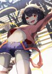  1girl 6_9 :d absurdres bangs black_hair blood blood_on_face blue_shorts brown_eyes colored_skin denim denim_shorts getto grey_skin highres indie_virtual_youtuber jumping lazy_eye navel open_mouth pink_skirt sharp_teeth short_hair shorts skirt smile solo stitched_leg stomach suspenders suspenders_hanging teeth upper_teeth virtual_youtuber zombie zonbko 