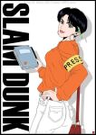  1girl aida_yayoi armband ass bag behind_ear belt black_eyes black_hair breasts chris_re5 closed_mouth commentary_request copyright_name earrings handbag holding holding_notebook hoop_earrings jewelry lips lipstick looking_at_viewer makeup medium_breasts nose notebook orange_shirt pants pen pink_lips shirt short_hair signature slam_dunk smile solo twitter_username watermark white_pants 
