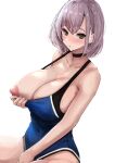  1girl absurdres areolae bangs bare_shoulders black_choker blush breasts choker cleavage covered_navel green_eyes highres hololive huge_breasts mon_(manarestra) nipples one-piece_swimsuit one_breast_out shirogane_noel short_hair sitting swimsuit virtual_youtuber white_background 