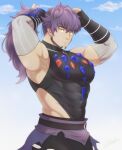  1boy adjusting_hair alternate_pectoral_size armpits arms_up bangs bara bare_shoulders biceps black_gloves bodysuit cloud commentary_request covered_abs covered_navel day detached_sleeves diamond_(shape) fingerless_gloves gem gloves highres large_pectorals leon_(pokemon) long_hair looking_at_viewer male_focus muscular muscular_male official_alternate_costume outdoors pectorals pokemon pokemon_(game) pokemon_masters_ex ponytail porkjinta purple_hair ruby_(gemstone) sidepec sky solo waist_cape yellow_eyes 
