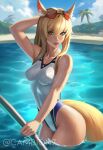  animal_ears arknights arm_up bare_hips beach blonde_hair breasts camb dripping eyewear_on_head highres horse_ears horse_girl horse_tail impossible_clothes impossible_swimsuit lips looking_at_viewer nearl_(arknights) nearl_(shimmering_dew)_(arknights) official_alternate_costume pool pool_ladder red_lips sunglasses swimsuit tail thick_lips thighs wet yellow_eyes 