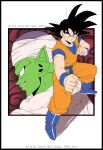  2boys black_eyes black_hair blue_footwear boots chris_re5 clenched_hand colored_skin commentary dougi dragon_ball dragon_ball_(classic) evil_grin evil_smile fighting_stance green_skin grin instagram_username male_focus multiple_boys piccolo pointy_ears serious shadow smile son_goku turban twitter_username wristband 