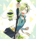  1boy bangs black_hair bow bowtie character_name cropped_legs detached_sleeves green_eyes green_hair highres holding holding_staff jewelry male_focus mascot multicolored_hair necklace one_eye_closed open_mouth original pillow_(nutsfool) simple_background staff teeth upper_teeth 