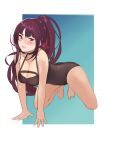  1girl absurdres barefoot black_swimsuit blush breasts cleavage collarbone commentary_request competition_swimsuit eyebrows_visible_through_hair full_body girls&#039;_frontline hair_ribbon highres jonbur_man korean_commentary long_hair looking_at_viewer medium_breasts one-piece_swimsuit open_mouth ponytail purple_hair red_eyes ribbon solo swimsuit wa2000_(girls&#039;_frontline) 