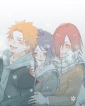  1girl 2boys alternate_costume blush breath closed_eyes commentary_request group_hug hair_bun happy highres hood hood_down hoodie hug konan_(naruto) long_sleeves meitarou multiple_boys nagato_(naruto) naruto_(series) naruto_shippuuden orange_hair purple_hair red_hair scarf school_uniform short_hair smile snowflakes winter winter_clothes yahiko_(naruto) 