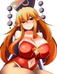  1girl alternate_costume breasts chinese_clothes cleavage crescent hat highres huge_breasts junko_(touhou) long_hair orange_hair pointy_ears red_eyes solo touhou xialu_zajin 