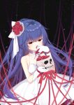  1girl absurdres bangs bare_shoulders black_hair blood blood_from_eyes commentary_request covering_mouth dress flower fufumi gloves hair_flower hair_ornament highres holding holding_petal holding_skull honkai_(series) honkai_impact_3rd long_hair petals ponytail raiden_mei red_eyes red_flower red_rose ribbon rose skull solo wedding_dress white_dress white_gloves 