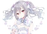  1girl :t bare_shoulders breasts bridal_gauntlets detached_collar dress earrings eyebrows_visible_through_hair floating_hair floral_print flower frilled_dress frills gem grey_hair hair_between_eyes hair_flower hair_ornament hair_ribbon head_tilt highres idolmaster idolmaster_cinderella_girls idolmaster_cinderella_girls_starlight_stage jewelry kanzaki_ranko large_breasts looking_at_viewer necklace own_hands_together pearl_hair_ornament pearl_necklace red_eyes ribbon solo twintails underwear upper_body white_dress yuanagae 