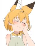  1girl :3 animal_ears bangs blonde_hair bow bowtie chis_(js60216) closed_mouth commentary eyebrows_visible_through_hair facing_viewer hand_on_another&#039;s_face head_tilt kemono_friends motion_lines pov print_bow print_bowtie serval_(kemono_friends) serval_print shirt short_hair simple_background sleeveless sleeveless_shirt smile textless two-tone_bowtie white_background white_bow white_bowtie white_shirt yellow_bow yellow_bowtie 