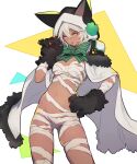  1girl animal_ears animal_hands bandages black_hoodie bow breasts cape cat_ears cat_paws clover dark-skinned_female dark_skin fake_animal_ears four-leaf_clover fur_trim green_bow green_neckwear guilty_gear hair_between_eyes halloween halloween_costume hand_on_hip highres hood hoodie looking_at_viewer midriff mummy_costume naked_bandage navel oro_(sumakaita) paw_print platinum_blonde_hair ramlethal_valentine simple_background small_breasts solo stomach thigh_gap tongue tongue_out white_background white_cape yellow_eyes 