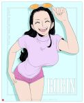  1girl black_hair breasts chris_re5 commentary_request cowboy_shot eyewear_on_head forehead hair_pulled_back hand_on_hip large_breasts long_hair nico_robin one_piece open_mouth photo-referenced pink_shorts purple_shirt shirt short_shorts shorts signature smile solo sunglasses t-shirt turtleneck 