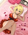  1girl absurdres ahoge armpits bangs bare_shoulders bed blonde_hair blush bmyoshikun123 breasts cleavage closed_eyes collarbone dress eyebrows_visible_through_hair fate/extra fate/extra_ccc fate/grand_order fate_(series) from_above green_eyes hair_intakes highres large_breasts long_hair looking_at_viewer lying modern_costume_of_crimson nero_claudius_(fate) nero_claudius_(fate/extra) official_alternate_costume on_back open_mouth panties pantyshot petals pillow red_dress smile solo underwear white_panties 