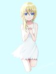  1girl bare_shoulders blonde_hair blue_eyes breasts closed_mouth collarbone dress highres kingdom_hearts kingdom_hearts_ii long_hair looking_at_viewer namine qijx simple_background smile solo white_dress 