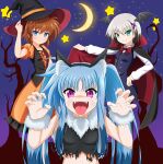  3girls :p animal_ears aqua_eyes bat_wings black_cape black_hair black_headwear black_shirt black_wings blue_eyes blue_hair blue_vest blush bow bowtie brown_hair cape cape_lift cat_ears claw_pose commentary_request crescent_moon dress dress_shirt eyebrows_visible_through_hair facial_mark fake_animal_ears fangs fingernails frilled_dress frills fur_collar fur_cuffs hair_ornament halloween halloween_costume hand_on_hip hat head_wings highres lifted_by_self long_hair long_sleeves looking_at_viewer lyrical_nanoha mahou_shoujo_lyrical_nanoha mahou_shoujo_lyrical_nanoha_a&#039;s mahou_shoujo_lyrical_nanoha_a&#039;s_portable:_the_battle_of_aces material-d material-l material-s medium_dress moon multicolored_hair multiple_girls night night_sky open_mouth orange_dress oshimaru026 puffy_short_sleeves puffy_sleeves purple_eyes red_bow red_bowtie red_cape sharp_fingernails shirt short_hair short_sleeves sidelocks silver_hair sky sleeveless sleeveless_shirt smile standing star_(sky) star_(symbol) starry_sky tongue tongue_out torn_clothes torn_shirt twintails two-sided_cape two-sided_fabric two-tone_hair v-shaped_eyebrows vest whisker_markings white_shirt wings witch_hat x_hair_ornament 