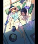  2boys aqua_shirt bangs barefoot black_hair blue_hair blue_shorts blush book bottle closed_eyes cup cushion electric_fan hand_fan holding holding_book holding_fan hot lying male_focus multiple_boys on_back on_stomach open_mouth original pillarboxed pillow_(nutsfool) reading shirt shorts sweat tank_top tassel tatami tray white_shorts white_tank_top 