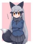  1girl animal_ears aramaru black_bow black_bowtie black_fur black_gloves black_legwear black_necktie blue_coat blush bow bowtie coat commentary_request cowboy_shot crossed_arms extra_ears eyebrows_visible_through_hair fox_ears fox_girl fox_tail fur_trim gloves grey_hair grey_skirt highres kemono_friends long_hair long_sleeves multicolored_hair necktie orange_eyes pantyhose pleated_skirt sidelocks silver_fox_(kemono_friends) silver_hair skirt solo sweatdrop tail translated 