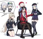  6+girls 9a-91_(girls&#039;_frontline) ? ak-12_(girls&#039;_frontline) an-94_(girls&#039;_frontline) anger_vein animal_ears bangs belt beret black_footwear black_hairband black_headwear black_legwear blue_eyes blunt_bangs blush boots chair closed_eyes closed_mouth commentary_request commission eyebrows_visible_through_hair eyewear_on_head female_commander_(girls&#039;_frontline) girls&#039;_frontline gloves goggles goggles_around_neck green_eyes hair_between_eyes hairband hat heart highres hk416_(girls&#039;_frontline) jacket long_hair long_sleeves multiple_girls pantyhose plaid plaid_skirt pleated_skirt red_headwear silver_hair simple_background sitting skeb_commission skirt spoken_character standing svch_(girls&#039;_frontline) tail thighhighs very_long_hair white_background yakob_labo 