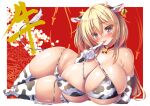  1girl animal_ears animal_print areola_slip areolae bell bikini blonde_hair breasts chinese_zodiac choker cow_ears cow_girl cow_horns cow_print curvy ear_tag elbow_gloves elbow_rest eyebrows_visible_through_hair flower gloves horns huge_breasts licking licking_finger long_hair lying micro_bikini neck_bell o-ring o-ring_bikini on_side original solo swimsuit syroh thighhighs untied untied_bikini wide_hips year_of_the_ox yellow_eyes 