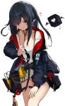  1girl :3 absurdres arknights belt belt_pouch between_breasts black_hair black_jacket breasts cleavage closed_mouth closure_(arknights) clothes_pull commentary_request creature ear_piercing eyebrows_visible_through_hair feet_out_of_frame hand_on_own_thigh heart highres jacket long_hair long_sleeves looking_at_viewer medium_breasts no_bra no_pants off_shoulder okatabu open_clothes open_jacket piercing pointy_ears pouch pulled_by_self red_eyes shirt shirt_pull simple_background single_bare_shoulder smug solo_focus standing thigh_strap two_side_up v-shaped_eyebrows white_background white_shirt 