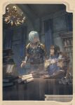  2boys armor aymeric_de_borel bangs black_hair blue_hair book book_stack brothers chandelier elezen elf final_fantasy final_fantasy_xiv framed_image full_armor haurchefant_greystone indoors knight looking_at_another male_focus multiple_boys pointy_ears scroll short_hair shoulder_armor siblings sitting standing zxin 