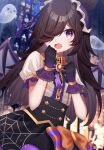  1girl absurdres animal_ears bat_wings black_hair blurry blurry_background bow bowtie dress fang frills ghost gloves hair_over_one_eye hands_up highres horse_ears juliet_sleeves long_hair long_sleeves looking_at_viewer make_up_in_halloween!_(umamusume) official_alternate_costume open_mouth puffy_sleeves rice_shower_(umamusume) sapphire_(sapphire25252) short_sleeves solo tearing_up umamusume upper_body wings 